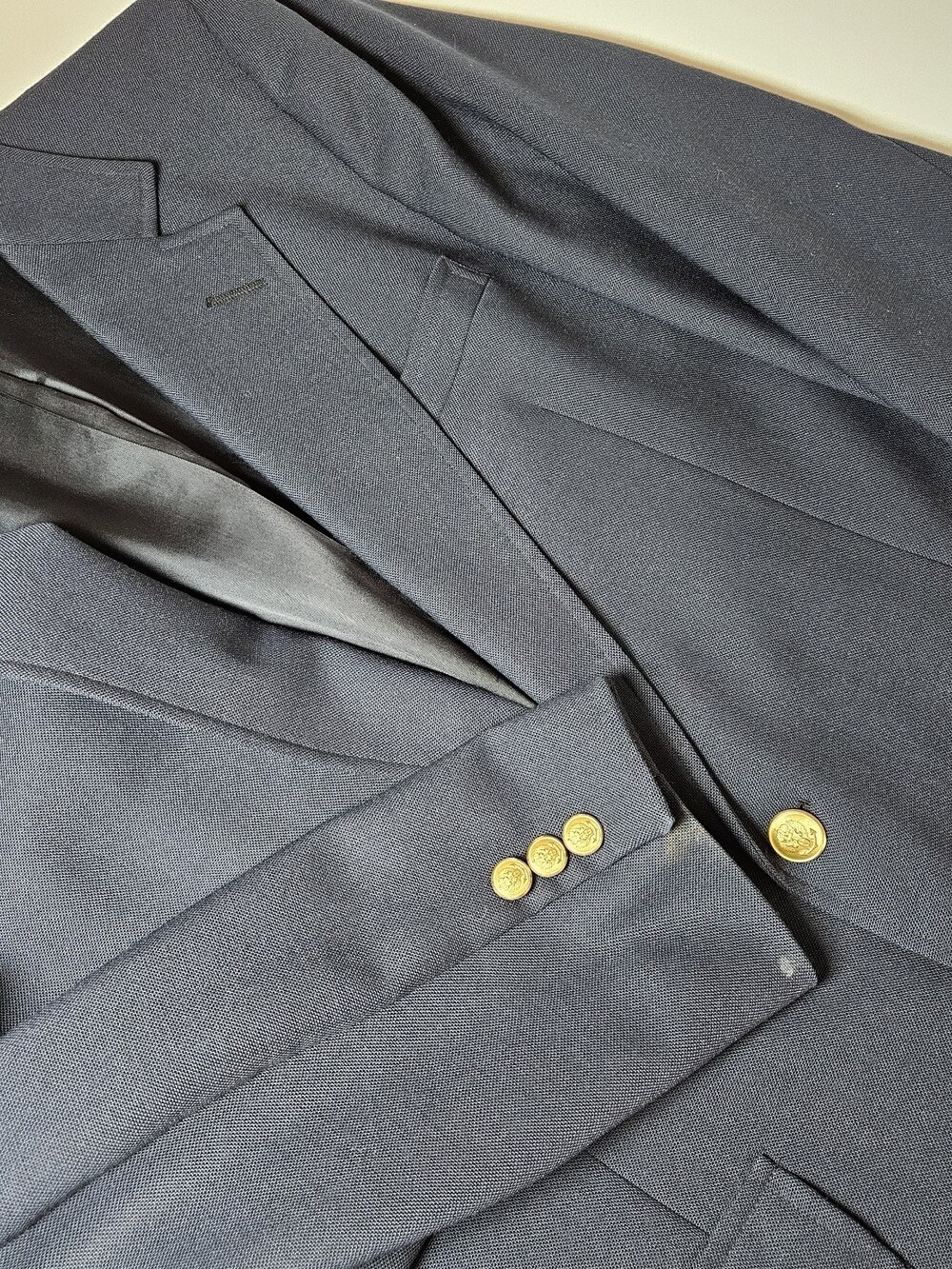 Vtg Stanley Blacker Sport Coat 40R Navy 100% Wool Gold Buttons USA Made Blazer
